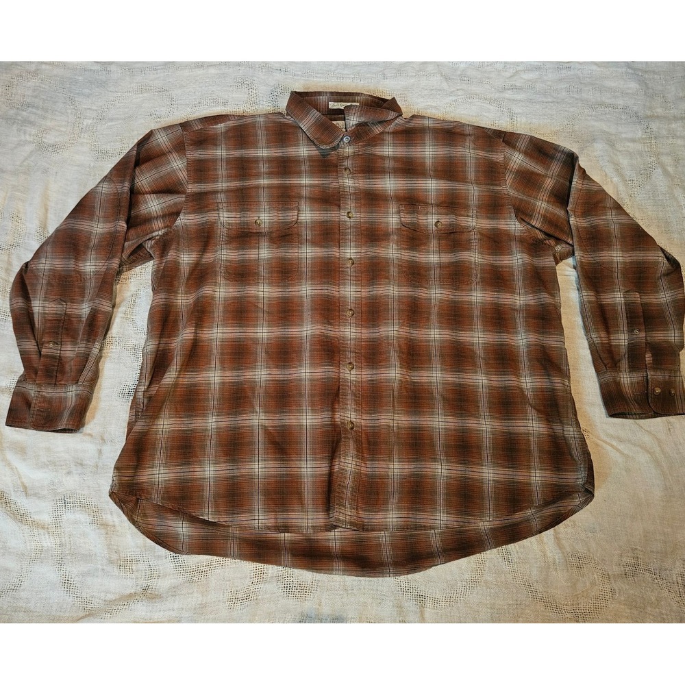 Cabelas Mens 3XL Brown Plaid Long Sleeve Button Down Shirt Two Pocket Regular